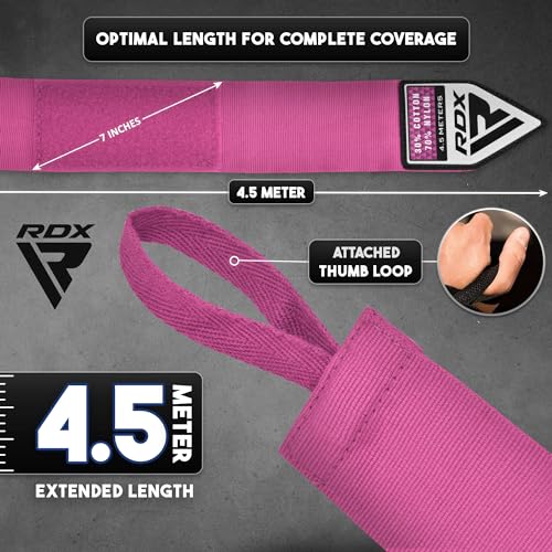 Image of RDX Boxing Hand Wraps 4.5M / 180 Inches - Mexican Style Semi-Elastic MMA Inner Gloves - Wrist Support for Muay Thai, Kickboxing, BJJ, Karate - Thumb Loop & Hook and Loop Closure - Cotton & Nylon Blend