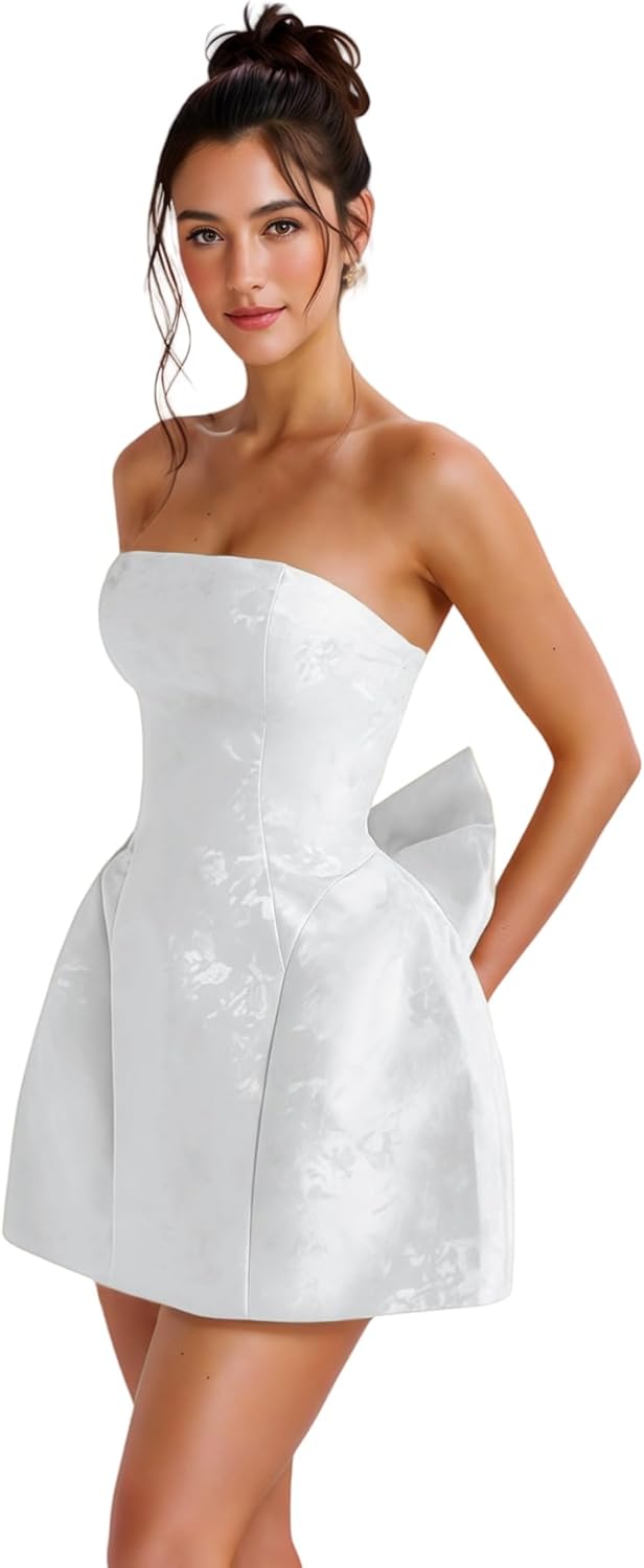 ZGMYC Jacquard Satin Homecoming Dress with Bow Elegant Strapless Mini Dress A Line Short Prom Dresses Party Gown - Image 5