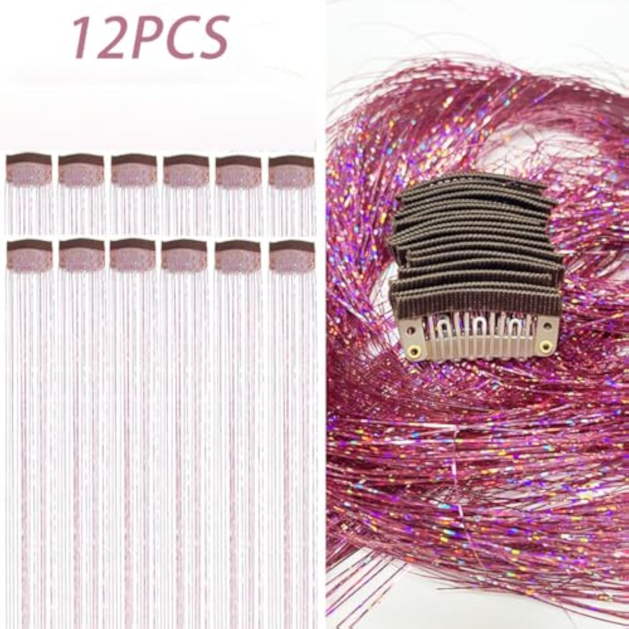 12PCS Tinsel Hair Extensions Glitter, Pink Tinsels for Women