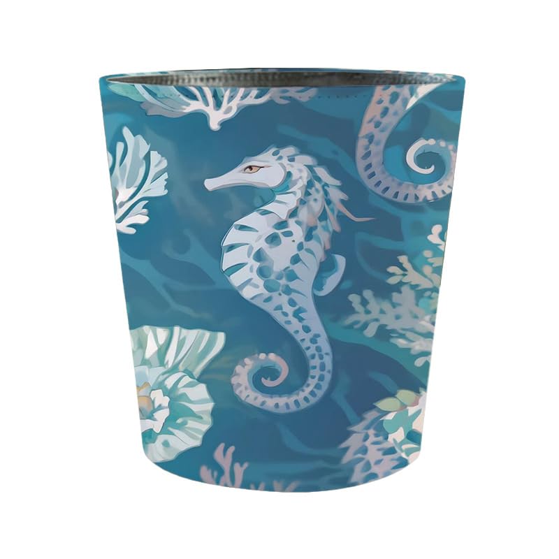 10l/2.64 gallon trash can, decorative waste basket, pu leather waste paper basket, waterproof garbage can for bathroom, bedroom, office, kitchen and living room - seahorse