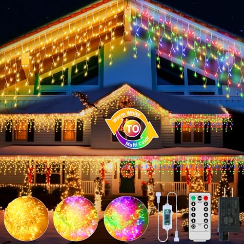 QLIRJAD Icicle Lights Outdoor Waterproof, 66Ft 600LED Christmas Outside Lights Connectable Timer Memory Dimmable Plug in Twinkle Fairy Lights for House Roof Holiday Wedding Party Window Garden QLIRJAD Icicle Lights Outdoor Waterproof, 66Ft 600LED Christmas Outside Lights Connectable Timer Memory Dimmable Plug in Twinkle Fairy Lights for House Roof Holiday Wedding Party Window Garden