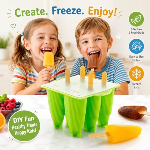 Image of BPA Free Ice Lolly and Kulfi Maker Set of 8 Reusable Popsicle Moulds Food Grade Plastic Ice Cream Popsicle Maker for Home Kitchen Multicolor (Green)
