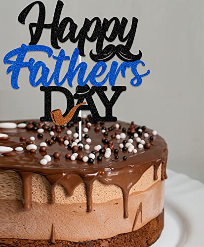 Cavla Glitter Happy Father's Day Cake Topper Black Blue Glittery Fathers Day Cake Picks Best Dad Ever Dad’s Day Cake Toppers With Beard Hat Pipe Signs Father's Day Party Cake Decorations Supplies #TOP5
