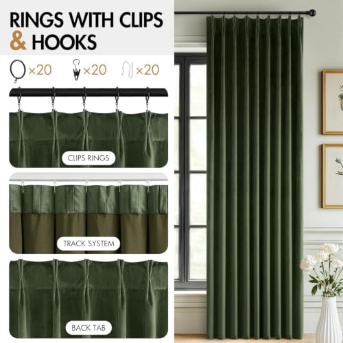 Image of MIULEE Velvet Pinch Pleated Extra Wide Olive Green Blackout Curtain 60x108 | Thermal Insulated, Luxury Window Drapes, Pleat Design for Sliding Glass Door Bedroom Living Room with Hooks, Set of 2