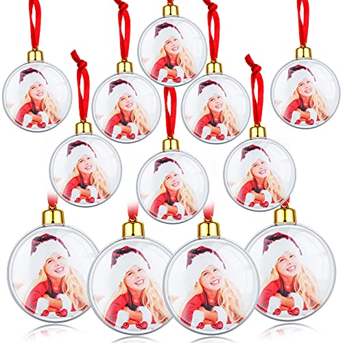 Skylety 12 Pcs Photo Ornament Ball Christmas Clear Plastic Hanging Photo Frame Ornament Family Picture Baubles for Christmas Tree Valentine Gift Decoration (Round)