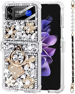 FODDOM for Samsung Galaxy Z Flip 4 5G Case with Ring & Pearl Strap, 3D Handmade Sparkle Stunning Stones Crystal Diamond Bling Glitter Phone Case for Samsung Galaxy Z Flip 4 5G