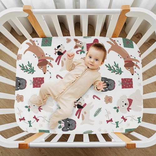 Image of CaTaKu Crib Sheets for Boys Girls Funny Christmas Dogs Baby Fitted Sheets for Mini Crib, Soft Toddler Bed Mattress Playard Sheet,27 inchx 39 inch