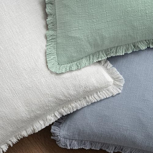 Image of MIULEE Decorative Throw Pillow Covers Neutral Linen Fringe Throw Pillows Set of 2 Aqua Green Boho Farmhouse Cushion Covers with Tassels for Couch Sofa Bed Living Room Spring Home Decor 20x20 Inch