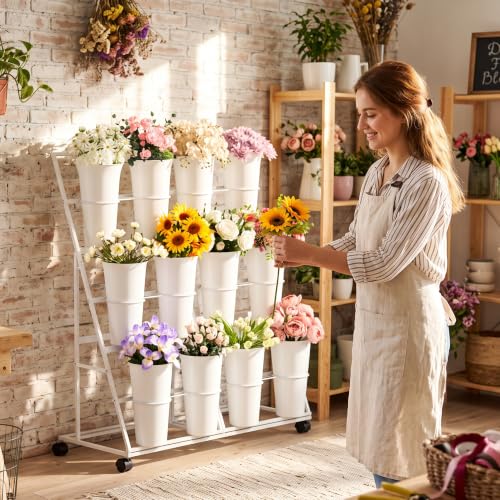 Alyoen Flower Display Stand with 12 Buckets and Wheels, 3 Tier Flower Cart Display Stand for Indoor Outdoor Garden, Wedding, Flower Shop (White) by Alyoen - Used condition - Image 2