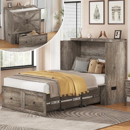 Image of AMERLIFE Twin Murphy Bed Cabinet with Charging Station and Storage Drawer, Farmhouse Foldable Platform Bed for Home Office, Apartment, Small Spaces, Rustic Grey