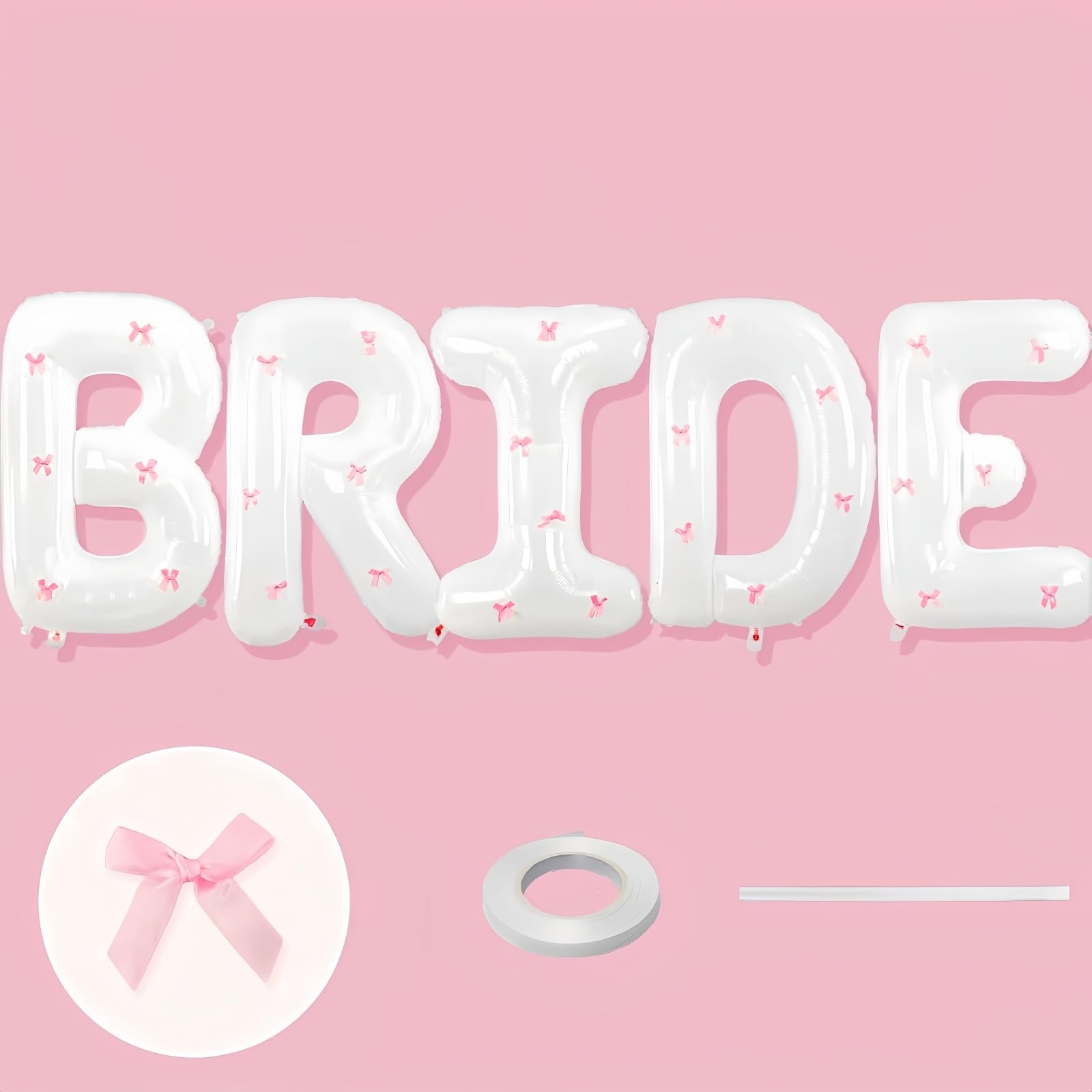 40Inch White BRIDE Balloon + Pink Bows for Bachelorette Party Decorations, Large BRIDE Mylar Foil Letter Balloons, Bride To Be Banner for Bridal Shower Photo Booth Engagement Hen Wedding Party Decor