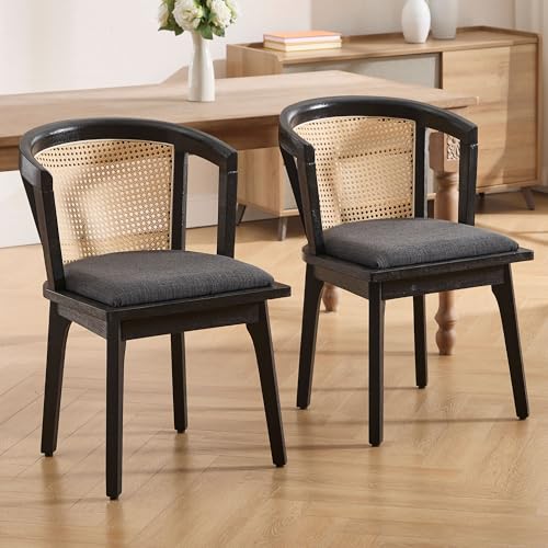 Image of BESTANO Black Rattan Dining Chairs Set of 2, Mid Century Modern Farmhouse Wood Dining Room Chairs, Upholstered Comfortable Kitchen Dining Side Chair with Cane Woven Back, Charcoal Linen
