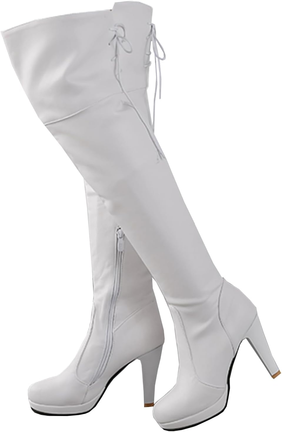 BEAUPAS Women's High Heel Platform Over The Knee Lace Up Boots Chunky Heel Block Thigh High Boots Round Toe Zipper Shoes