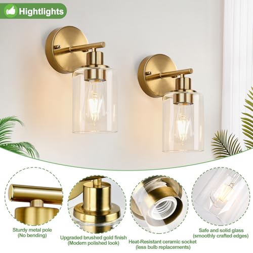 Image of Zarbitta Set of 2 Wall Sconces for Bathroom, Brushed Gold Modern Vanity Lights with Clear Glass Shade,Bathroom Wall Lamp for Mirror Kitchen Living Room Hallway Cabinet Porch