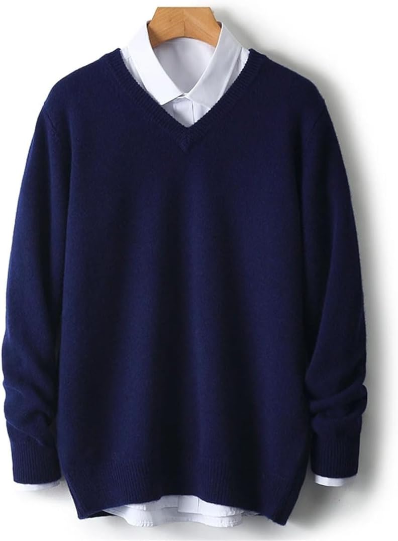 Men's V-Neck Cashmere Sweater Thick Solid Pullovers Loose Knit Basic Shirt Business Casual Jacket Tops
