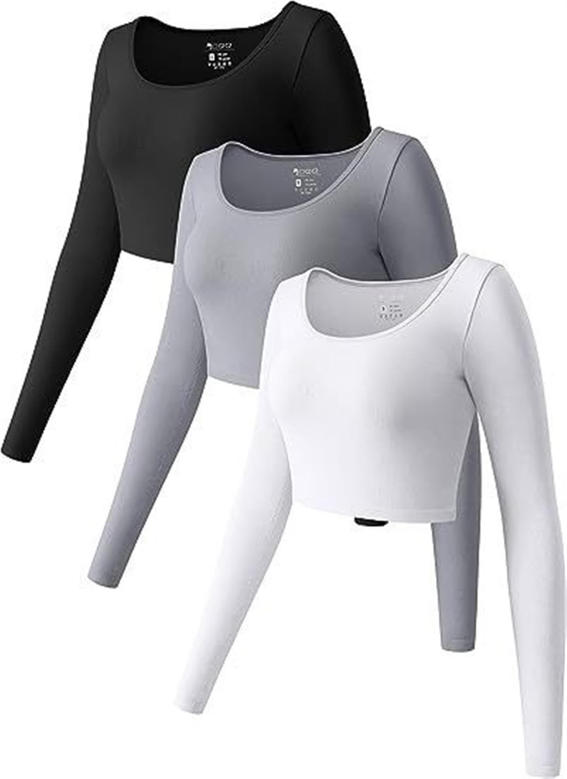 hixswnu 3 Pack de Las Mujeres de Cuello Cuadrado Tops, Manga Larga Crop Top Slim Fit Cropped Shirts Casual Basic Deportes Tees,001,L