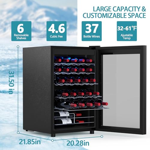 Image of COWSAR 37 Bottle Wine Fridge, Freestanding Commercial Beverage Refrigerator with Smart Temp Control, 4.45 Cu.Ft Mini Fridge Wine Cooler with Child Lock& Wavy Wire Shelves for Kitchen Bar, Black
