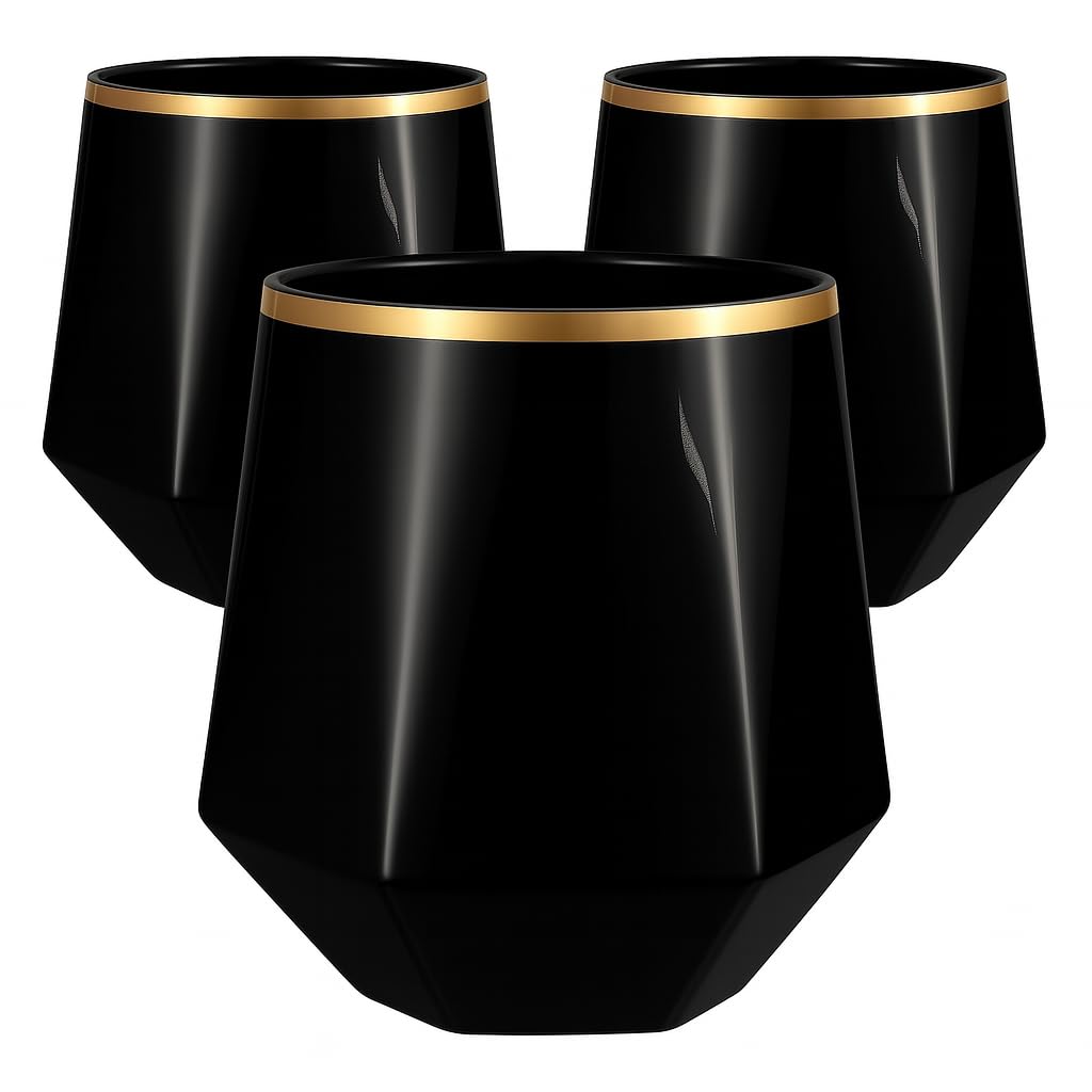 Oojami 40 Pack Diamond-Shaped Disposable Plastic Wine Glasses, 12 oz Stemless Cups for Champagne, Whiskey, Cocktails, Party Drinkware for Weddings, Bars, Events, Diamond Black Matte Gold