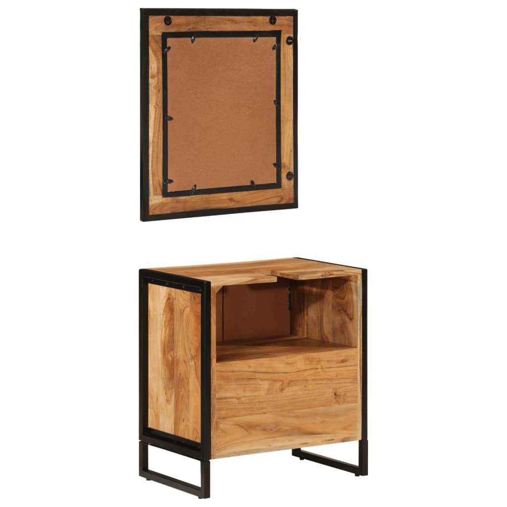 Set da bagno in ferro e legno massello di acacia, mobiletto sottolavabo con specchio, mobile da bagno con vano portaoggetti, salvaspazio per WC e lavanderia, 2 pezzi