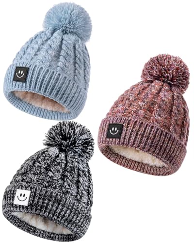 Image of Hispeka Baby Beanie Hat 3 Packs with Cute Smiley Face, Toddler Girls Boys Baby Hats Winter, Kids Winter Hat Cold Weather