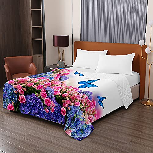 Odot Colcha Bouti de Verano, 3D Mariposa Estampado Suave Microfibra Multiusos Cubrecama Lavable Acolchada Edredón Manta para Cama de Infantil Individual Matrimonio (230x280cm,Hortensia)