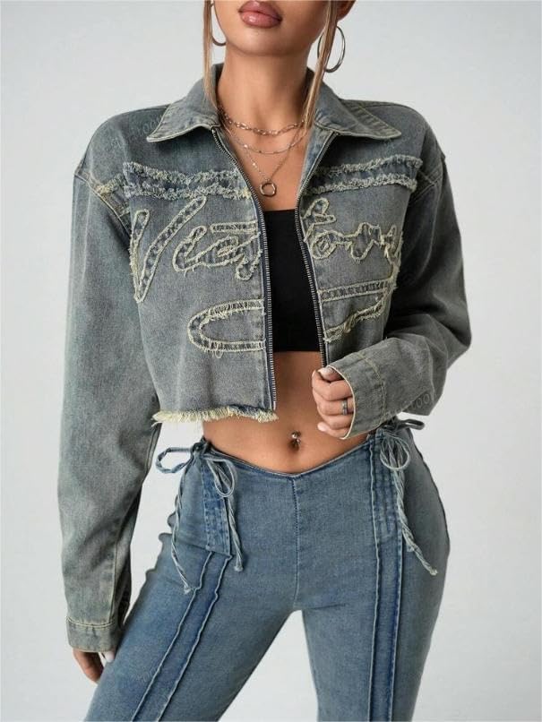 Women's Cropped Denim Jacket, Gray Washed, Frayed Hem, Zip Front, Collared, Long Sleeve, Distressed Style