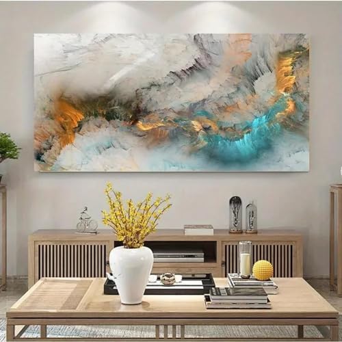 Peinture abstraite gris or bleu nuage grand format pour grand mur nu