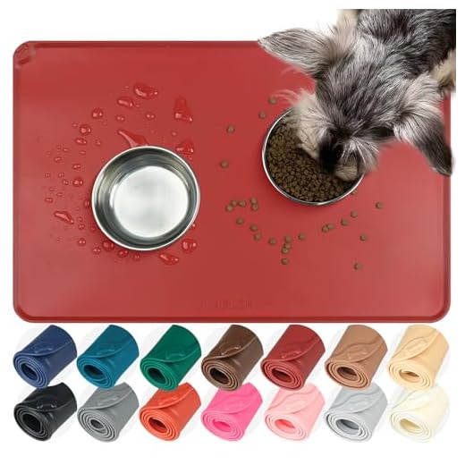 VIVAGLORY Dog Food Mat Flexmat Dog Bowl Mat, Placemat Food Tray with Raised Edges & Lip for Indoor Floor, Non Slip Waterproof Silicone Dish Placemat for Cat & Pet, S, Burgundy