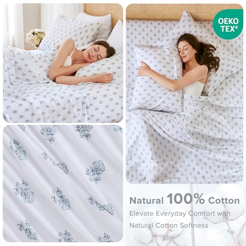 Comfort Spaces 100% Cotton Sheets Queen, Breathable, Naturally Cool Cotton Sheets, Soft Cotton Bed Sheets with 14" Elastic Pocket Fits up to 16" Mattress, All Seasons Sheet Set, Floral Blue 4 Piece