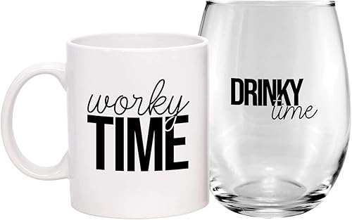 Canopy Street Taza de tiempo de trabajo y copa de vino sin tallo, juego de tazas de dos piezasdivertido humor inteligente trabajo Drinkwarecompañero