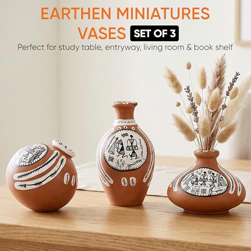 Image of Aakriti Art Creations Vase Earthen Miniatures Natural Warli Set of 3 | Handmade Terracotta Flower Vases | Natural Brown Matte Finish Warli Art Decorative Vases for Living Room, Table Decor & Gifting