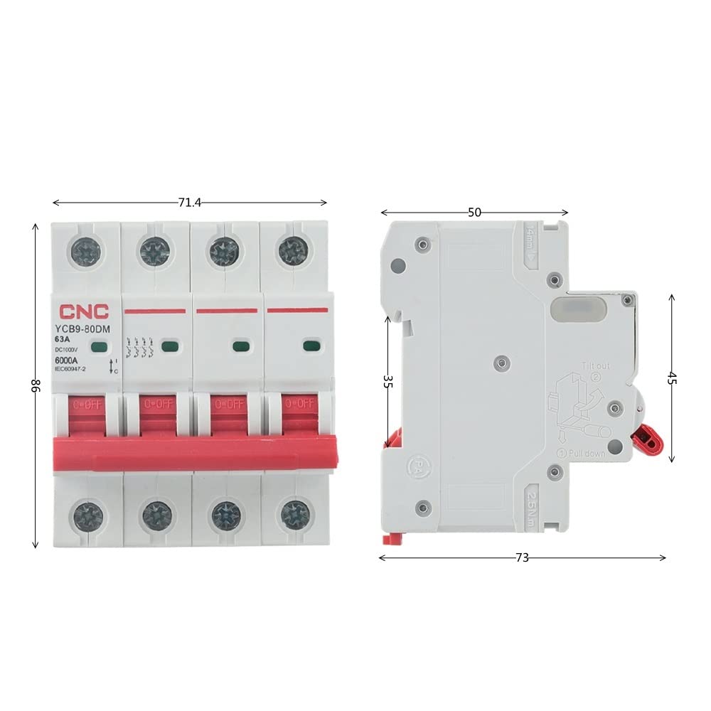 Przełącznik różnicowy, przełącznik magnetoter 4P DC używany do systemu fotowoltaicznego Ochrona bezpieczeństwa 6 kA DC 1000 V (rozmiar: 4, kolor: 50A)