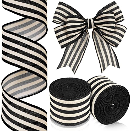 Moukeren 2 Rolls Black and Cream White Stripe Wired Edge Ribbon Christmas Rustic Ivory Boho Black and White Ribbon for Christmas Party Gift Wrapping Bow DIY Craft Home Decor(2 Inch, 20 Yard)