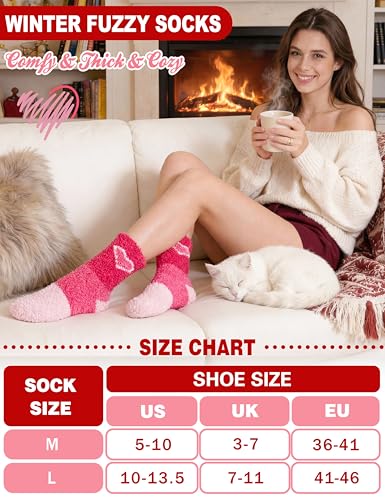 Image of Womens Fuzzy Socks Warm Fluffy Cozy Winter Slipper Thick Fleece Heart Socks 5 Pairs