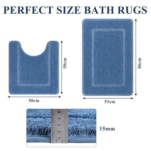 Pauwer Blue Microfiber Bath Mat Set 2 Pieces Non Slip Absorbent Pedestal and Bath Mat Set Machine Washable 53 x 86 cm Bath Rug with 50 x 50 cm U-shaped Toilet Contour Rug for Bathroom - Image 2