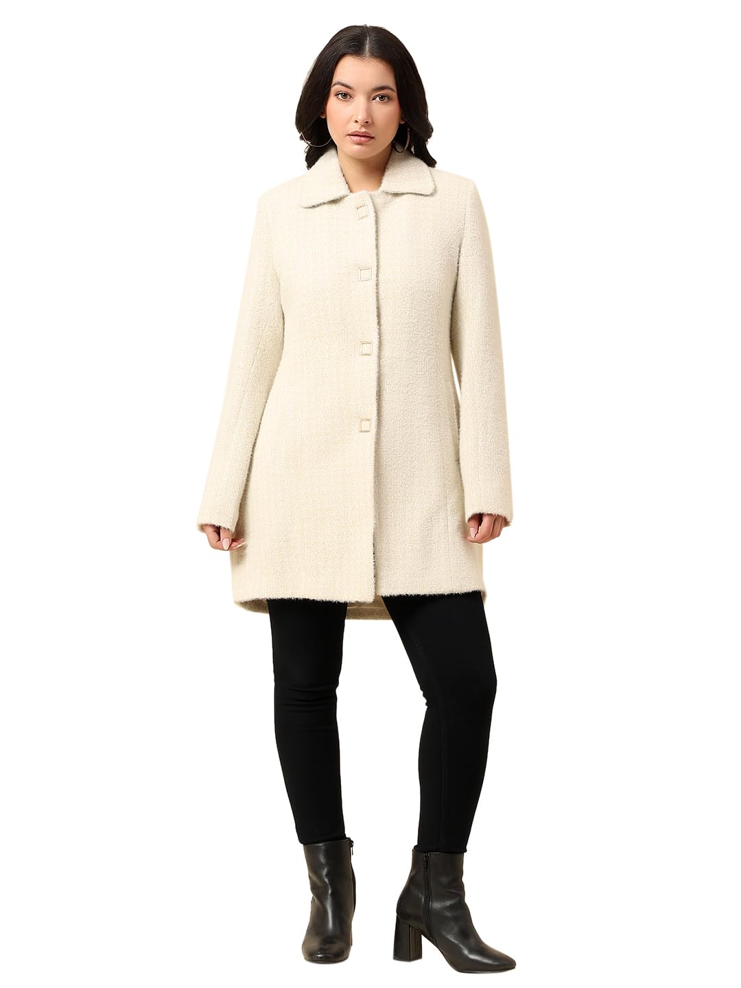 Long Coat for Women | Premium Casual Long Coat Regular Fit Spread Collar Wool Fabric Self Design Pattern-image-1