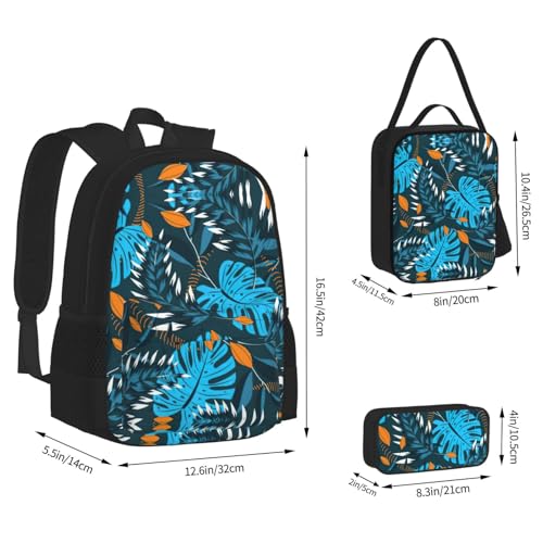 Summer Tropical Leaves Print 3 Piece Set Backpack, Lunch Bag, Pencil Case, Cute Sturdy For College And Travel4