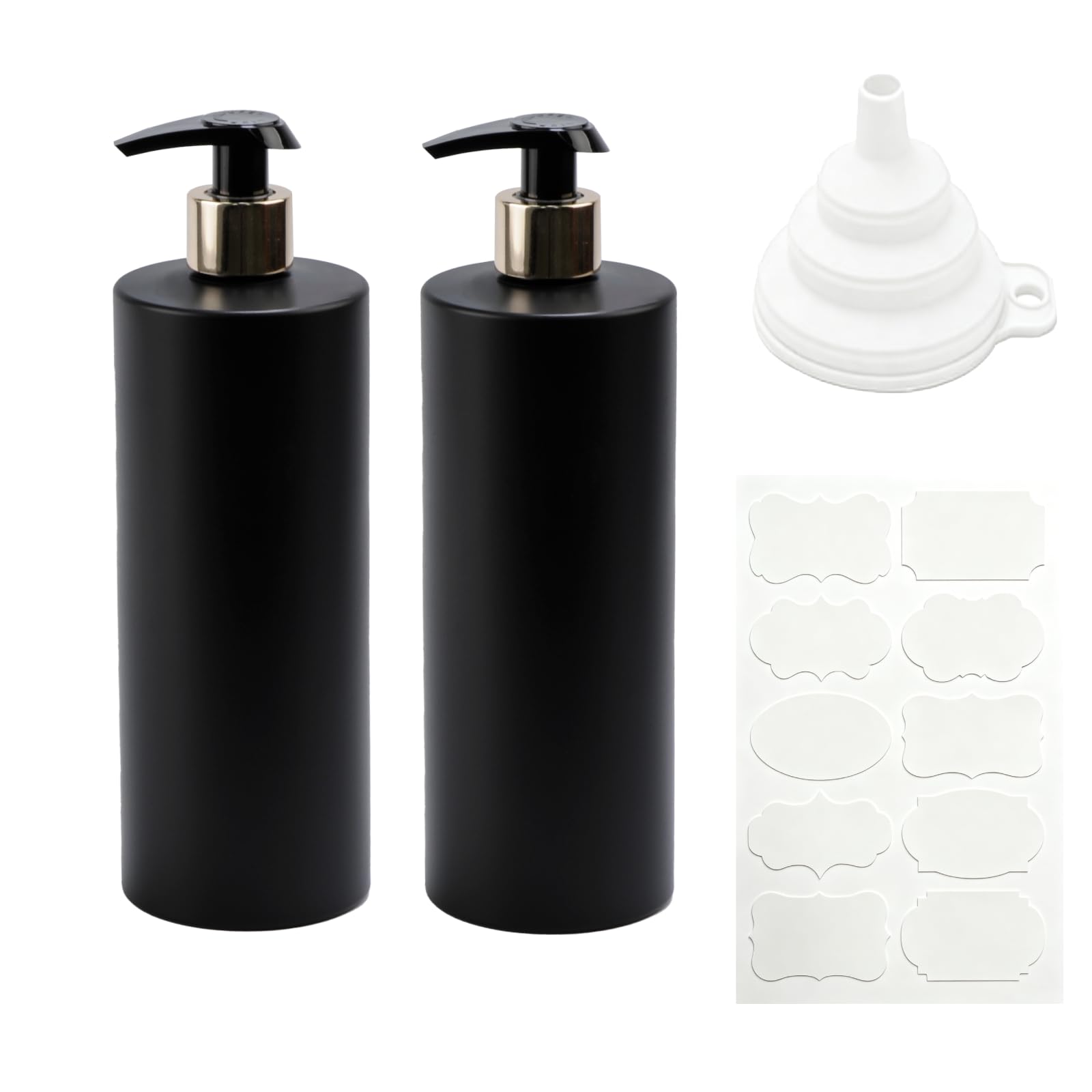 2 Pcs Hand and Dish Soap Dispenser Set, 500 ML Plastic Washing Up Liquid Dispenser Bottles, Hand Soap Dispensers with Pump for Kitchen Sink Bathroom Hotel, with Labels, Funnels(Black)