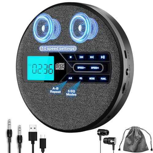 M-Amazup CD Player Portable, Rechargeable Portable CD Player with Dual Speakers and Anti Skip,CD,USB,AUX,LCD Display,Backlit Button,5 EQ,A-B Repeat,10 Speeds for Home Car Fabric, Black