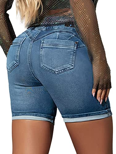 Flamingals Jean Shorts Womens High Waist Double Button Denim Bermuda Shorts Light Blue L #TOP2