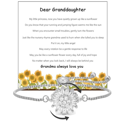 Image of To My Granddaughter-Sunflower Mood Bracelet, Adjustable Rhinestone Sparkly Spinning Flowers Anxiety Wrist Bracelets Sunflowers Statement Worry Relieving Gift Jewelry (Granddaughter - Flower - Silver)