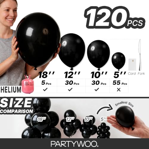 Image of PartyWoo Black Balloons 120pcs Different Sizes of 18 12 10 5 Inch | Balloons for Baby Shower Birthday Graduation Casino Gaming Anniversary Race Car Baby Party Decorations Black-Y18