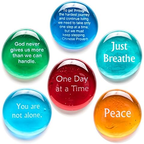 Lifeforce Glass Comfort Stones, Encouraging and Comforting Sayings Imprinted on Translucent and Opaque Glass Stones, for Anyone Facing a Challenge. Set of Six in White Gift Box Cover