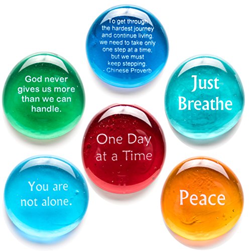 Lifeforce Glass Comfort Stones, Encouraging and Comforting Sayings Imprinted on Translucent and Opaque Glass Stones, for Anyone Facing a Challenge. Set of Six in Deluxe Gift Box
