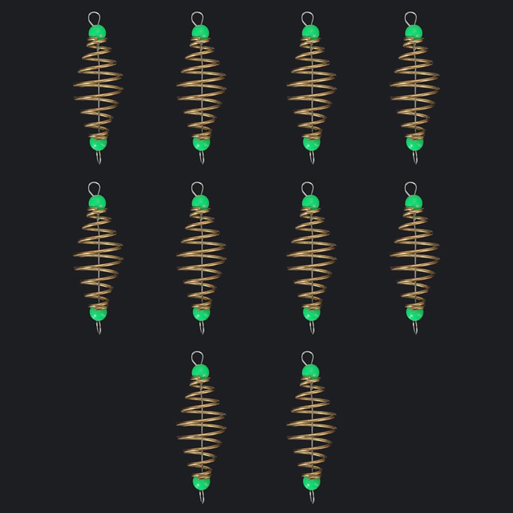 10Pcs Fishing Feeder, Cage Feeder Fishing Method Feeders Luminous Fishing Quick Release Method Feeder and Moulds for Carp Fishing, Large - Green Beads Metal Core