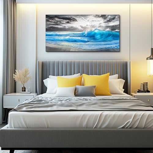 PHAOHUAXM Beach Wall Pictures Canvas Artworks Wall Decor For Living Room Canvas Wall Art For Bedroom Restaurant Office Decorations Blue Sea Wave Ocean Paintings Home Decor Ready To Hang 24x48 In