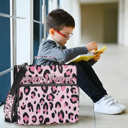 Image of Custom 3 Ring Zipper Binder Pink Leopard Print Cheetah Personalized Name 1.5 Inch Binders Large Capacity Multi Pockets for School Office Supplies