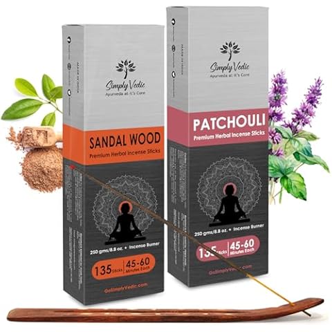 Simply Vedic Premium Sandalwood & Patchouli Incense Sticks (Total 500 Grams, Approx 270 Sticks+ Holder) Lasts 60-Minutes, Ideal for Meditation, Yoga, Spiritual Healing, Prayers, Aromatherapy, Home Cover
