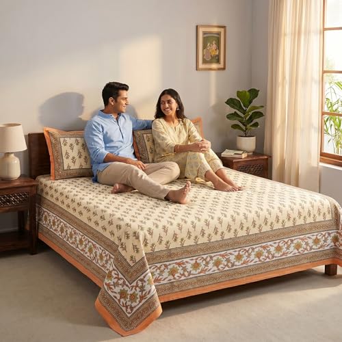 Image of Mafatlal 144 TC Heritage 100% Cotton Rajasthani Jaipuri Traditional Floral King Size Queen Bedsheet with 2 Pillow Covers (90x108 inches) - Copper Orange