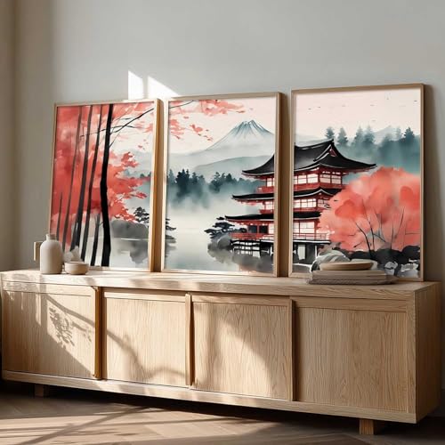 Image of kotart Big Aesthetic Mount Fuji View Wall Art Paintings | Mountain Landscape Framed Painting | Nature Art Vastu Frames for Living Room Bedroom Wall Decor Set Of 3 (10X13 inch)